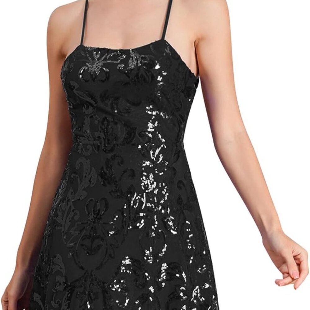 Sequin Skater Dress Spaghetti Straps Above Knee Party Nightclub Dress